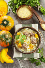 Cabbage soup with meatballs and pumpkin