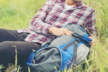 Fototapeta premium Young traveler man with backpack.