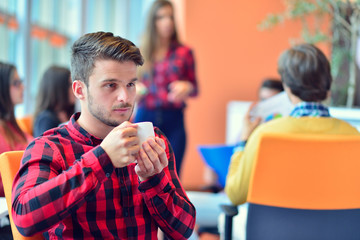Portrait of an handsome businessman in front of his working team
