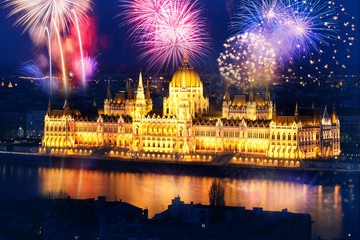 Naklejka premium New Year in the city - Budapest with fireworks