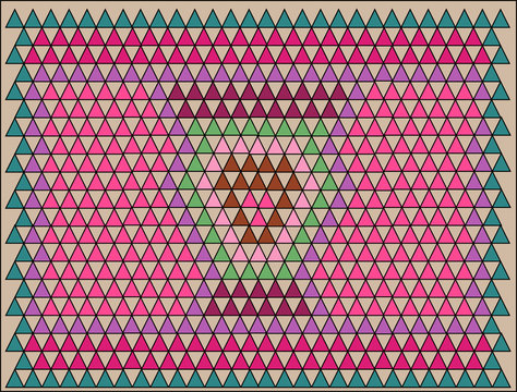 Mosaico de triângulos coloridos com borda verde