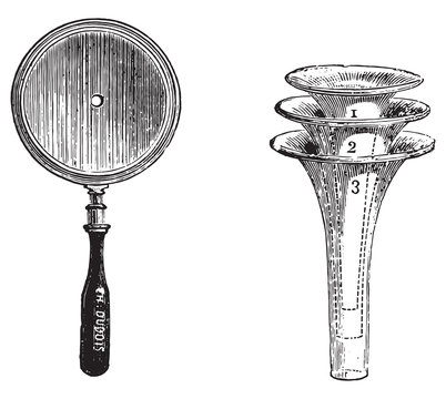 Fig. 994. Concave mirror for otoscopic examination, Fig. 995. Set of three speculums to practice otoscopy, vintage engraving.