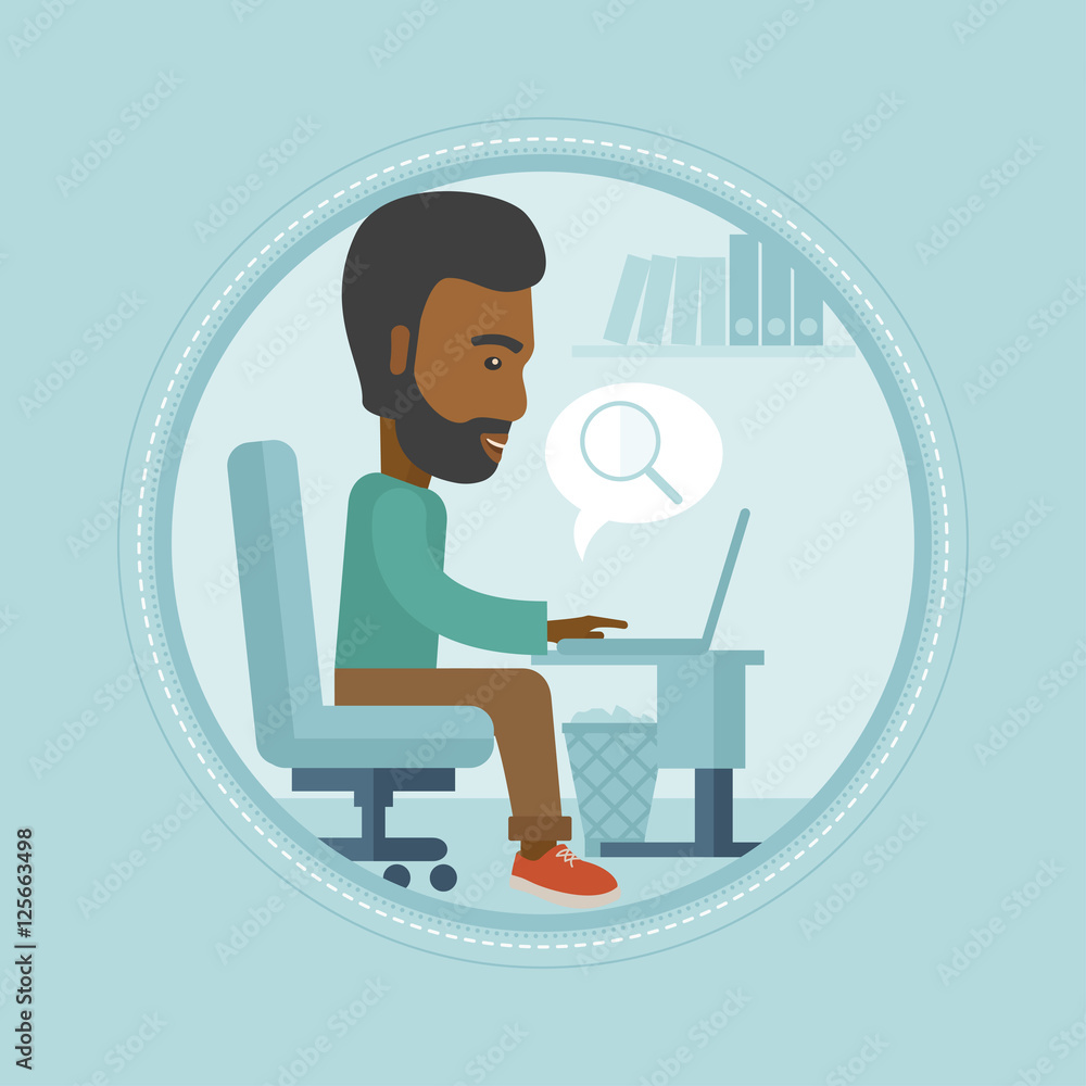 Poster businessman searching data in computer.