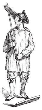 Paludier or Salt harvester, vintage engraving.