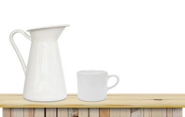 blank milk jug with white cup place on the wood table on white b