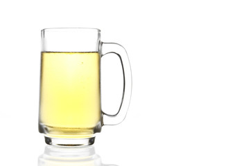 frosty light beer and steam in clear glass with handle for winte