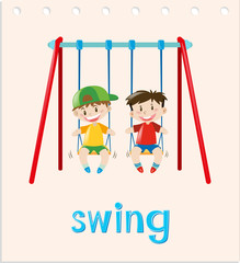 Action word card with two boys on swing