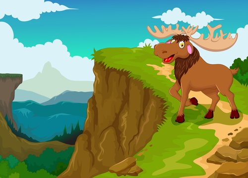 funny moose cartoon with mountain cliff landscape background