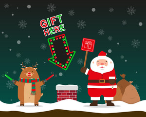 cute fat big Santa Claus and reindeer signal to send gift to chimney on falling snow flake green background
