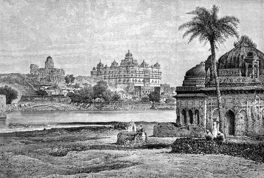 Duttiah view taken from our bungalow, vintage engraving.