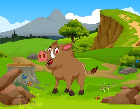 funny Wild boar cartoon in the jungle with landscape background