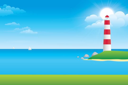 Sky and sea with lighthouse on an island. Vector illustration