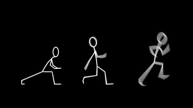 3 Stickman walk cycles - Sneaky, Strut & Run. Trim the following cycles and loop manually if you need them longer: Sneaky 72 frames, Strut 40 frames and Run 20 frames.