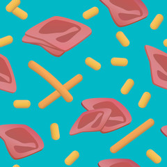 Vector illustration of a seamless pattern with ham and sausage isolated on blue background.