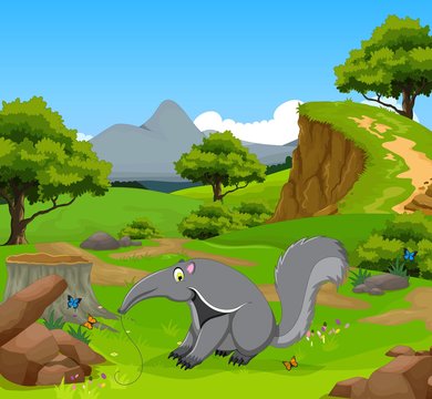 funny anteater cartoon in the jungle with landscape background