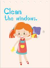 Action verb flashcard with girl cleaning windows