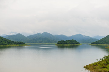 Fototapeta na wymiar Landscape Natrue and a water mist at Kaeng Krachan Dam.