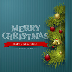 Vector Christmas Background with ornaments and Christmas tree with glossy balls