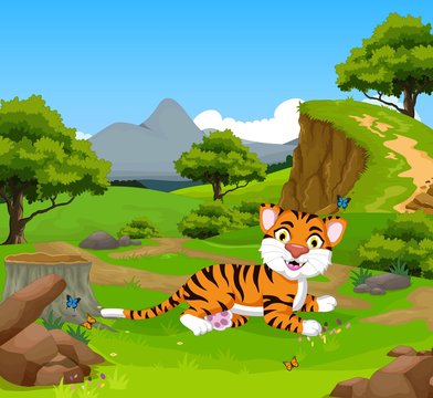 funny baby tiger cartoon in the jungle with landscape background