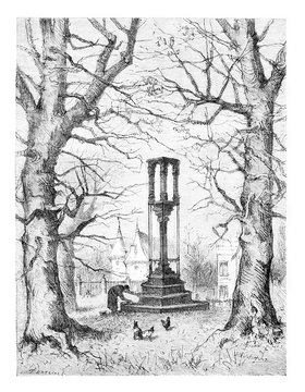 Pillory of Braine-le-Chateau, vintage engraving