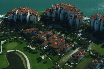 Aerial view of Fisher Island homes and buildings near Miami Beach