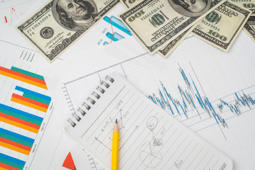 Naklejka na ściany i meble Financial charts on the table with dollars banknotes .