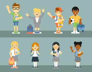 School pupil with backpack isolated vector illustration. Schoolboy and schoolgirl in uniform, elementary school kids with textbooks and sport equipment. Happy smart and friendly child in flat design