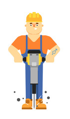 Worker builder in uniform and helmet holding pneumatic jackhammer isolated on white background vector illustration. Smiling construction worker character in flat design.