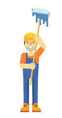 Worker builder in uniform and helmet holding paint roller isolated on white background vector illustration. Smiling construction worker character in flat design.
