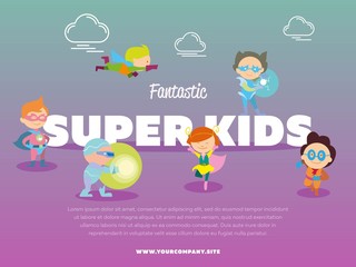 Fantastic super kids banner with children dressed in carnival costumes of superheroes vector illustration. Super hero kids in action, playing and flying. Cute little superhero characters in flat style