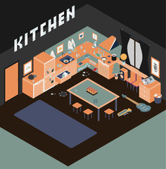 Kitchen with furniture. and Flat style vector illustration.