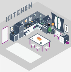 Kitchen with furniture. and Flat style vector illustration.