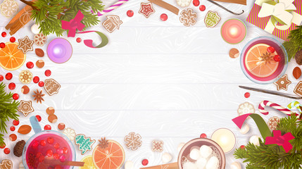 Merry Christmas Greeting Card. Happy New Year banner design. Gingerbread cookies, berries, nuts, mulled wine, spices, fir-tree branch.Hand drawn elements,Vector illustration.