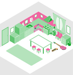 Kitchen with furniture. and Flat style vector illustration.