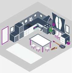 Kitchen with furniture. and Flat style vector illustration.