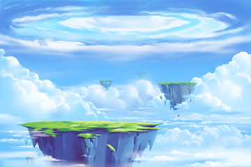 Fantastic and Exotic Allen Planet's Environment: The Floating Island in the Clouds Sea. Video Game's Digital CG Artwork, Concept Illustration, Realistic Cartoon Style Background
