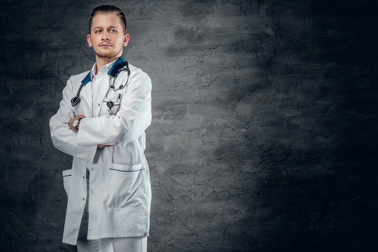 Studio portrait of young medical doctor.