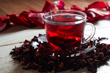 Red Hibiscus tea in glass mug
