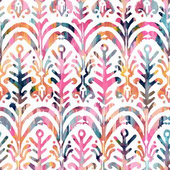 Ikat watercolor seamless pattern. Floral vibrant watercolour  .