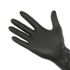 Black nitrile glove on hand.