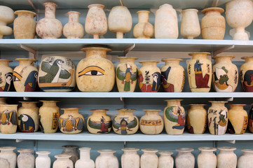 marble pitchers in the souvenir shop. photo toned. 