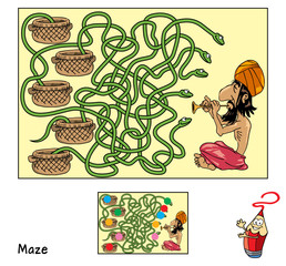 Naklejka premium Indian snake charmer. Educational maze game for children. Cartoon vector illustration