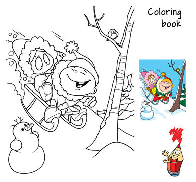 Children sledding down the hills. Coloring book. Cartoon vector illustration