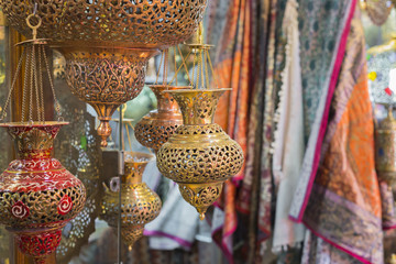 Traditional iranian market (Bazaar) metal souvenires, lamps.