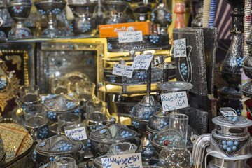 Traditional iranian market (Bazaar) metal souvenires, lamps.