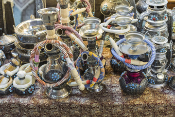 Traditional iranian market (Bazaar) metal souvenires, lamps.