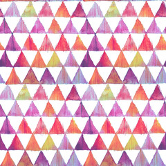 Watercolor colorful ikat triangles seamless pattern. Geometric   in watercolour style.