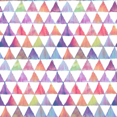 Watercolor colorful ikat triangles seamless pattern. Geometric   in watercolour style.