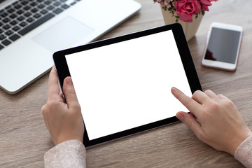 woman hands holding tablet PC computer with isolated screen