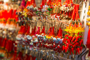 Jade key chain and bracelet for sale at Upper Lascar Row in Hong Kong